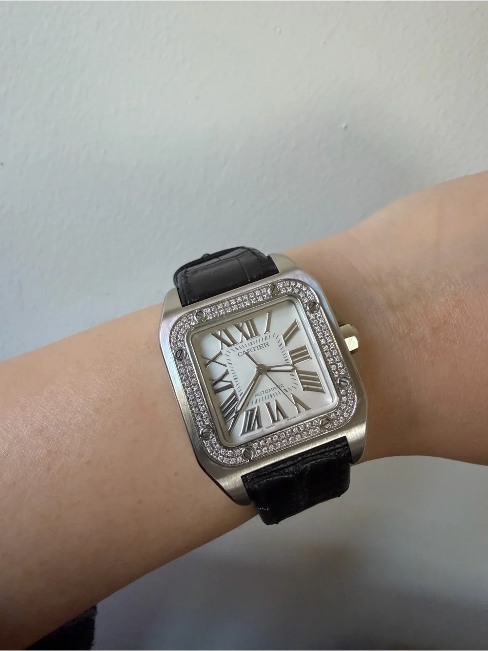 Cartier Santos 100 Stainless Steel Watch W/ Diamond Bezel and Leather Strap - Picture 1 of 6